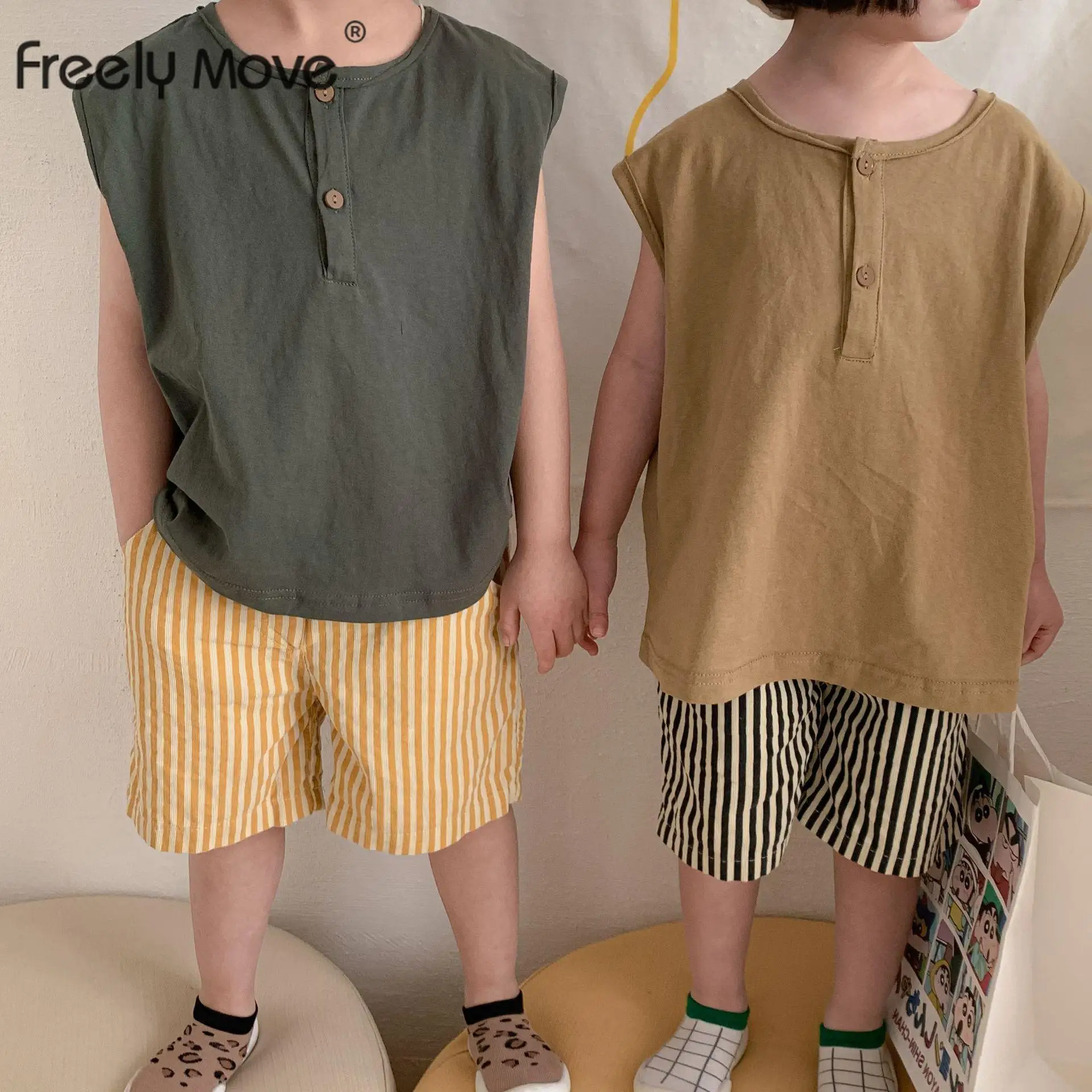 

Freely Move New Summer Korean Style Unisex Kids Sleeveless T-shirts Pure Color Casual Tops Toddlers Children Vest Tees