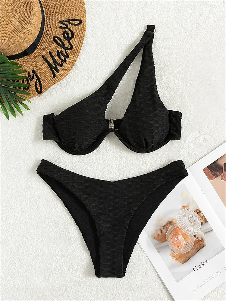 

Push Up Bikini Thong Women Swimsuit One Shoulder Swimwear Solid Black High Waist Bikinis Set Bathing Suit Girls Beachwear Summer