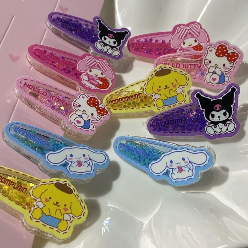 

Новинка Kawaii Sanrio Kuromi Cinnamoroll My Melody звезда челка с сыпучим песком заколка для волос Hello Kittys челка боковой зажим аксессуары для волос подарок