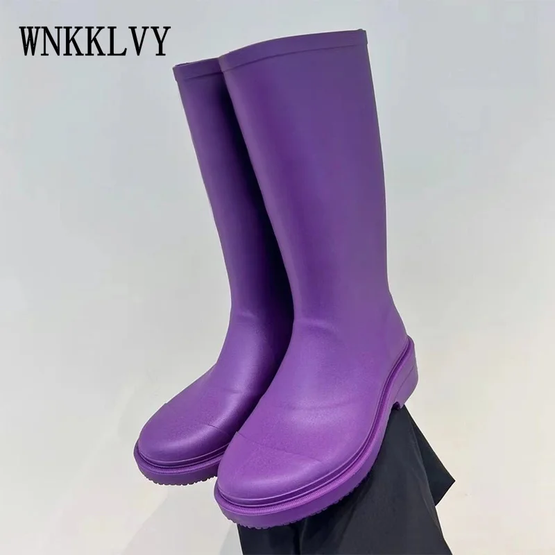 

Flat Thick Sole Outdoor Rain Shoes Women Round Toe Rubber Waterproof Knee High Boots Female Spring Autumn Solid Long Boots 2022