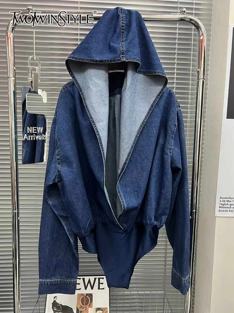 

TWOTWINSTYLE Skinny Denim Playsuit For Women Hooded Collar Long Sleeve Solid Minimalist Slim Playsuits Female Summer Clothes New