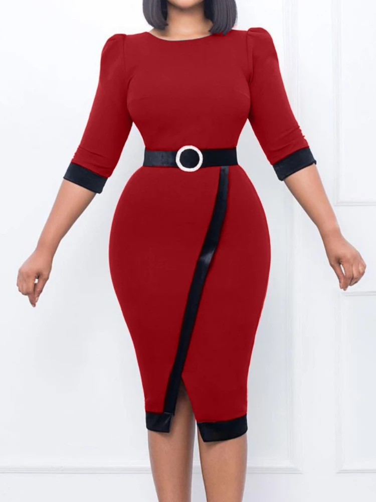 

Women Elegant Dresses Party Office Ladies Modest 2023 Irregular Bodycon Patchwork Pencil Robe Half Sleeve Stylish Bow Vestidos
