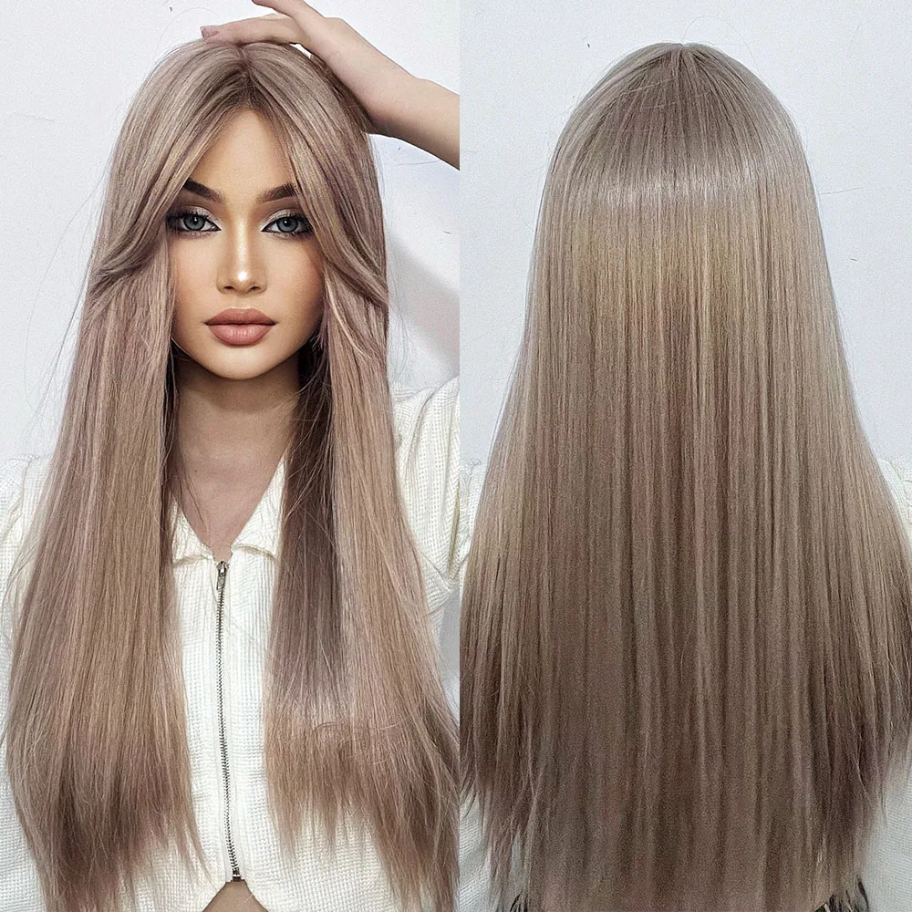 

Long Straight Synthetic Wig Pink Brown Cosplay Daily Wigs with Side Lenth Bangs for Black White Women Heat Resistant Fibre