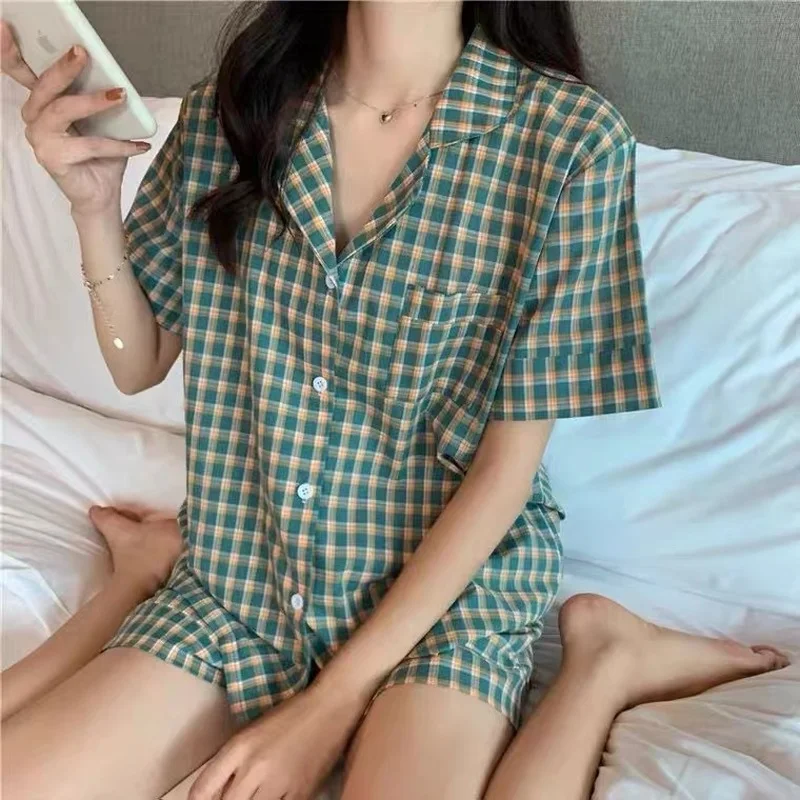 Korean Sleepwear Set Summer Short Sleeve Lapel Women Pajamas Japanese Plaid Print Homewear Plus Size 2Piece Pyjama Home Clothes