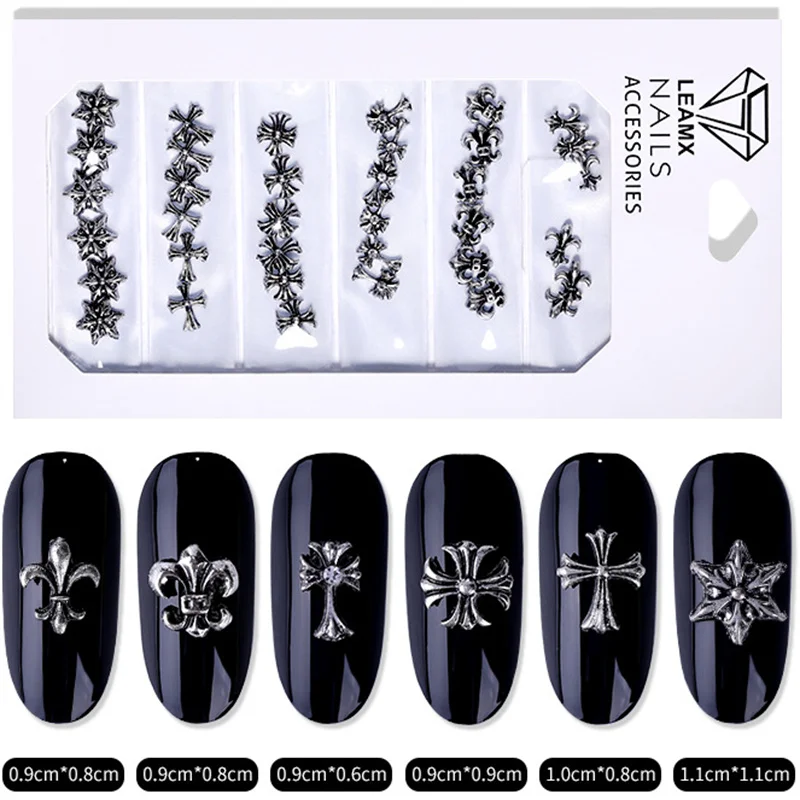 

LEAMX 6 Mixed Retro Gothic Style Cross Metal Cutout Pentagram Ocean Style Nail Art Supplies 3D Charm DIY Nail Art Decoration
