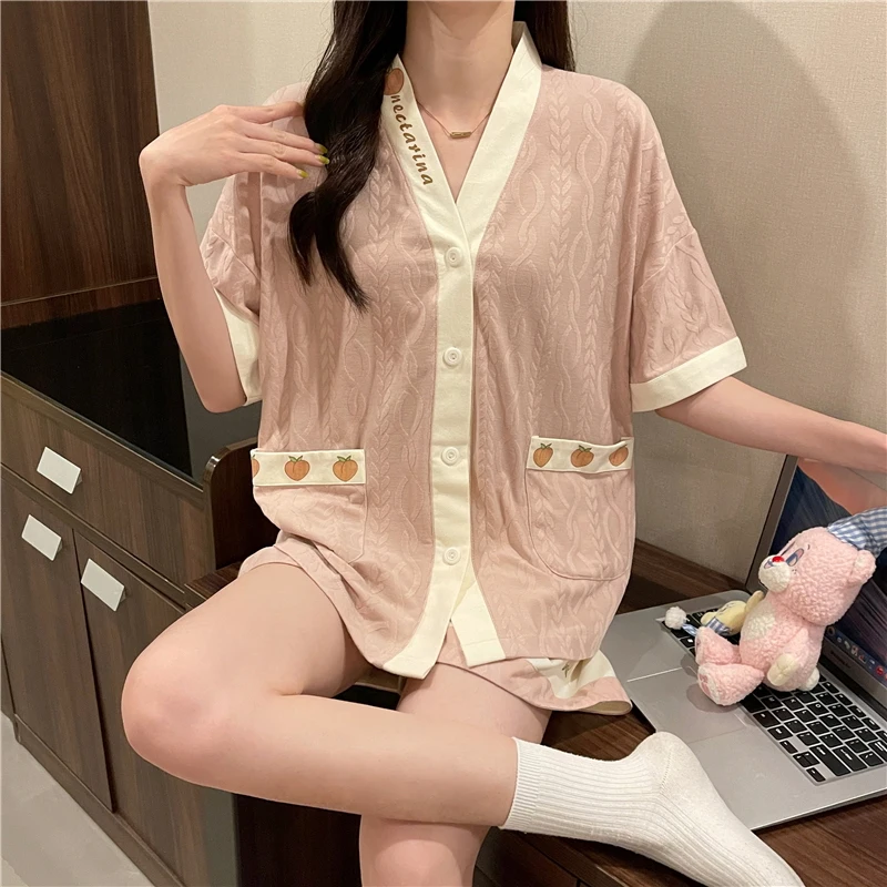 Pajamas Women Summer Cotton Large Size Short Sleeve 2-piece Set Sweet and Cute V-neck Thin Style Home Clothes Free Shipping