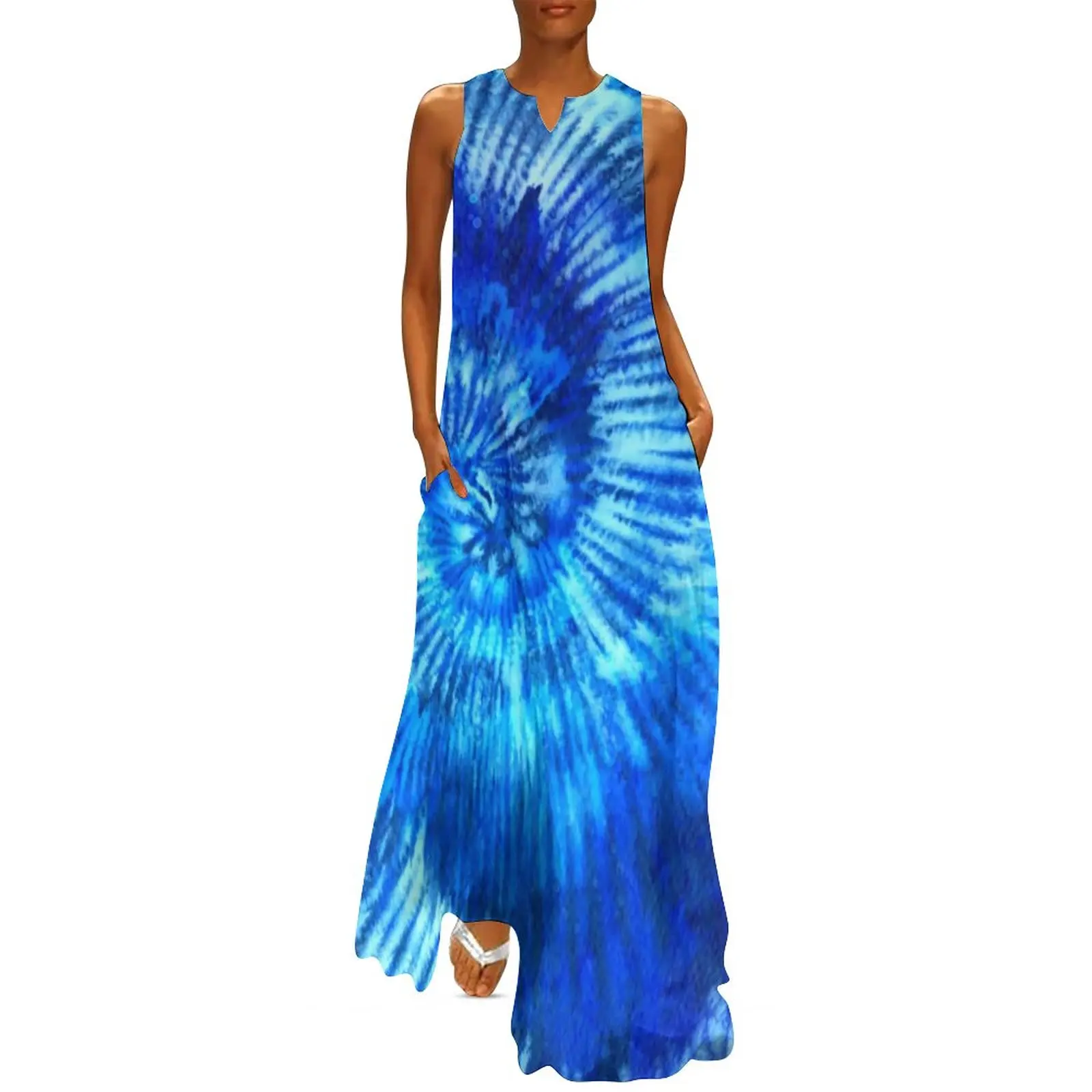 

Платье-макси в стиле хиппи, модное пляжное синее Макси-Платье с принтом в стиле модерн, бохо, с V-образным вырезом, большие размеры