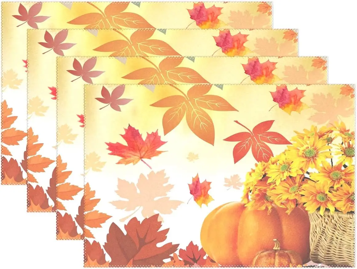 

Sunflower Maple Leaves Pumpkin Autumn Placemats Set of 4 Table Mats Happy Thanksgiving Day Placemat Heat Resistant 12x18 Inch