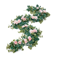 artificial eucalyptus garland with white roses artificial flowers vine greenery plants for wedding room wall party decor