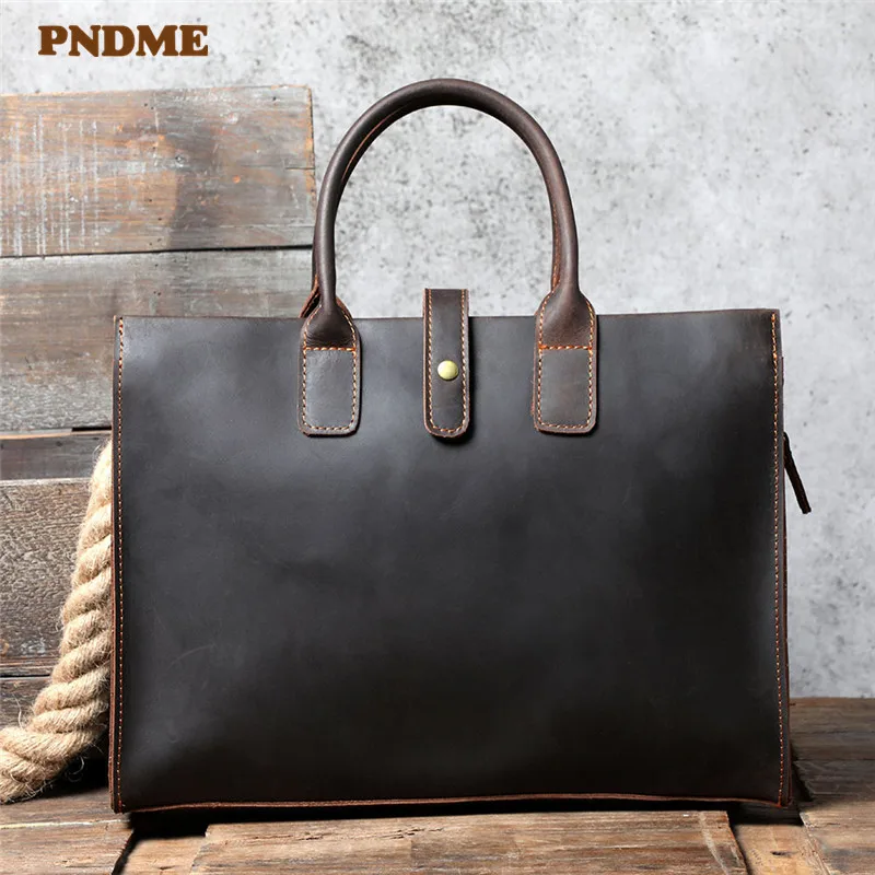 PNDME vintage crazy horse cowhide men's women's briefcase business laptop handbag simple genuine leather shoulder messenger bag
