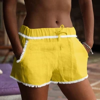 2021 summer women fashion fringe solid color shorts with pocket female new cotton linen ripped drawstring shorts casual vacation