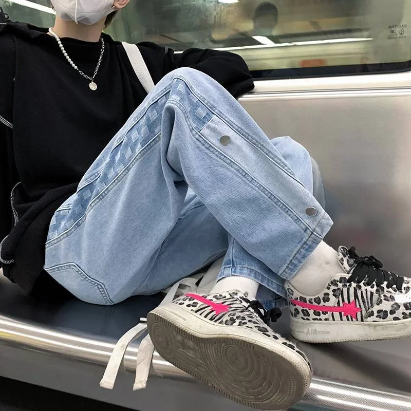 DEEPTOWN Straight Patchwork Jeans Men Vintage Hip Hop Denim Pants Trousers Male Streetwear Fashion Loose Casual Japanese Spring