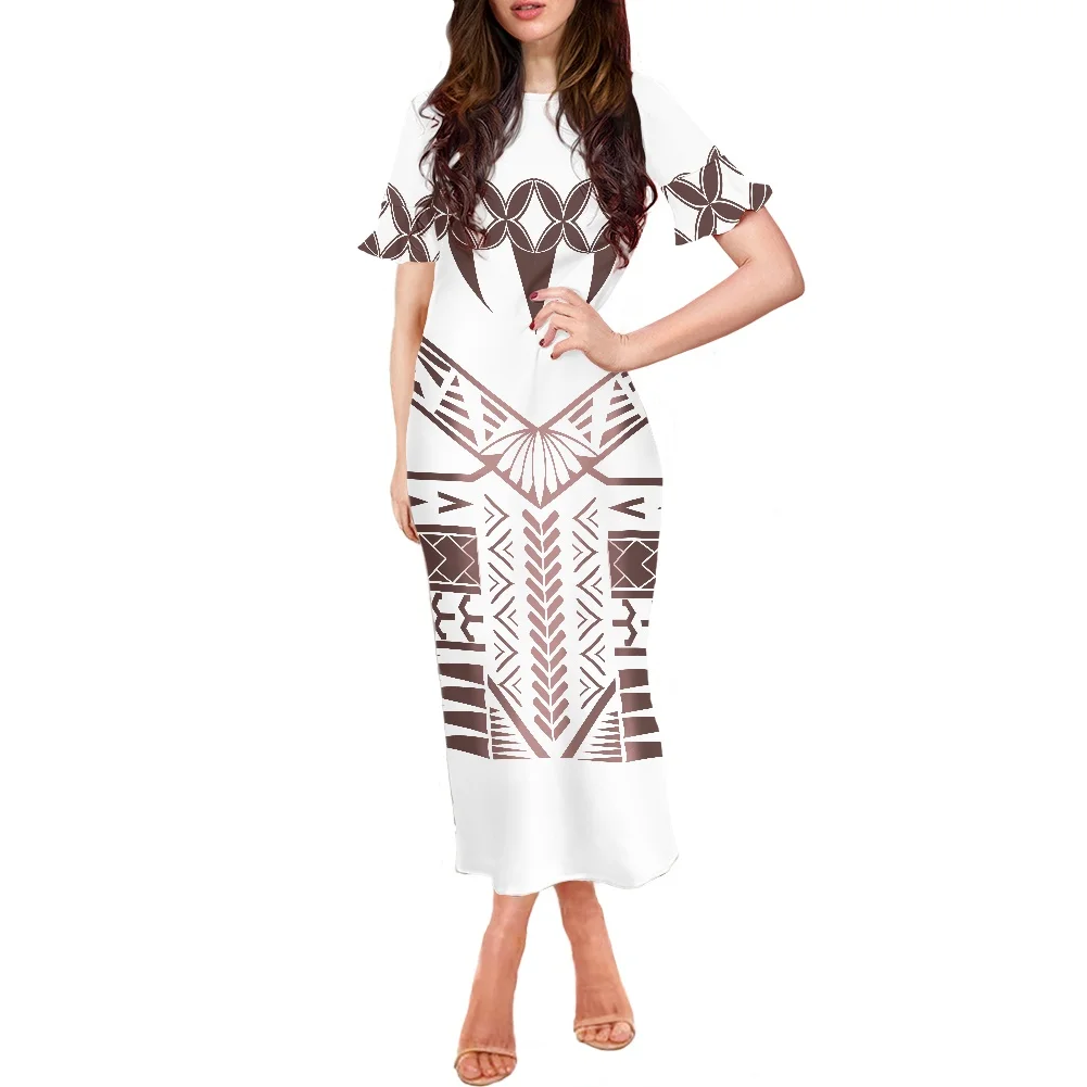 Купи Short Petal Sleeve Holiday Party Clothing Polynesian Tribal Samoa White Pacific Island Design Long Dress Women Vintage Printed за 1,075 рублей в магазине AliExpress