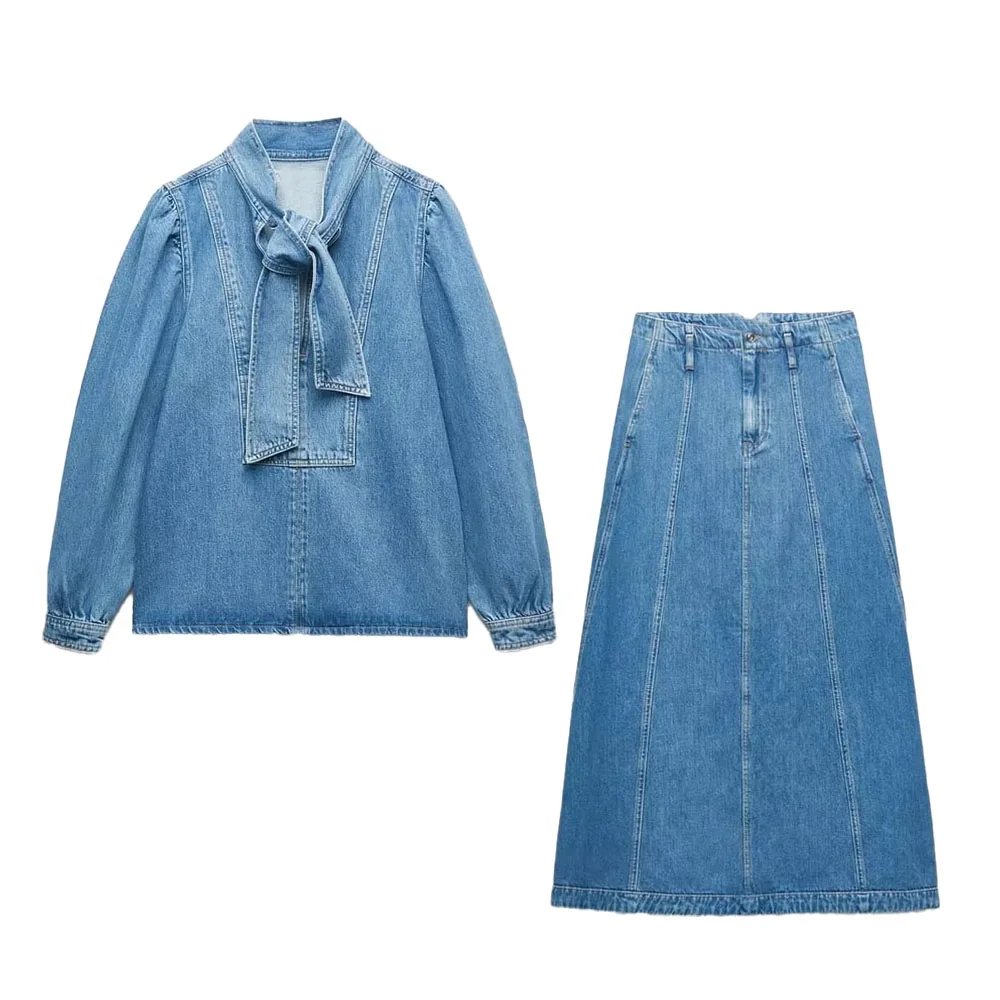 

Women 2023 spring New Fashion Bow accessories Denim Blouses Vintage Long Sleeve Female Shirts Chic Tops
