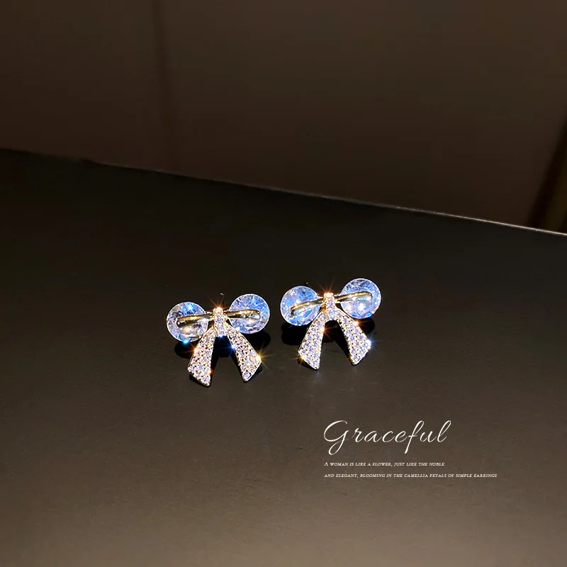 

925 Silver Needle Fashion Inlaid Zircon Bow Stud Earrings Temperament Design Sense Earrings Women Butterfly Earrings Earring