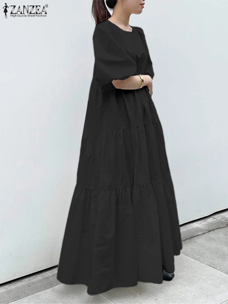

ZANZEA Puff Sleeve Solid Maxi Dress Holiday Women Korean Fashion Casual Loose Long Robes Summer A-line Pleated Tiered Vestidos
