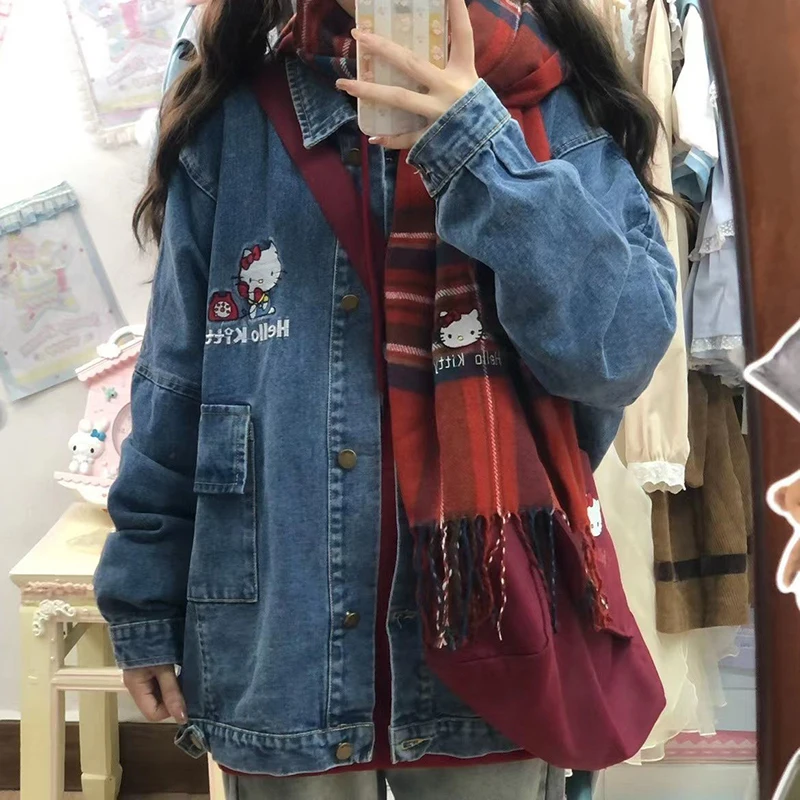 

Fashion Sanrio Hello Kitty Retro Denim Jacket Tops Clothing Cute Beauty Autumn Winter Long-sleeved Loose Casual Jacket Clothes