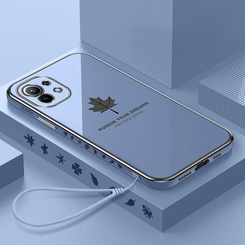 

Luxury Plating Maple Leaf Square Silicone Phone Case For Xiaomi Mi 12 11 Lite Redmi Note 10 9 8 T Pro Ultra-thin Strap Cover