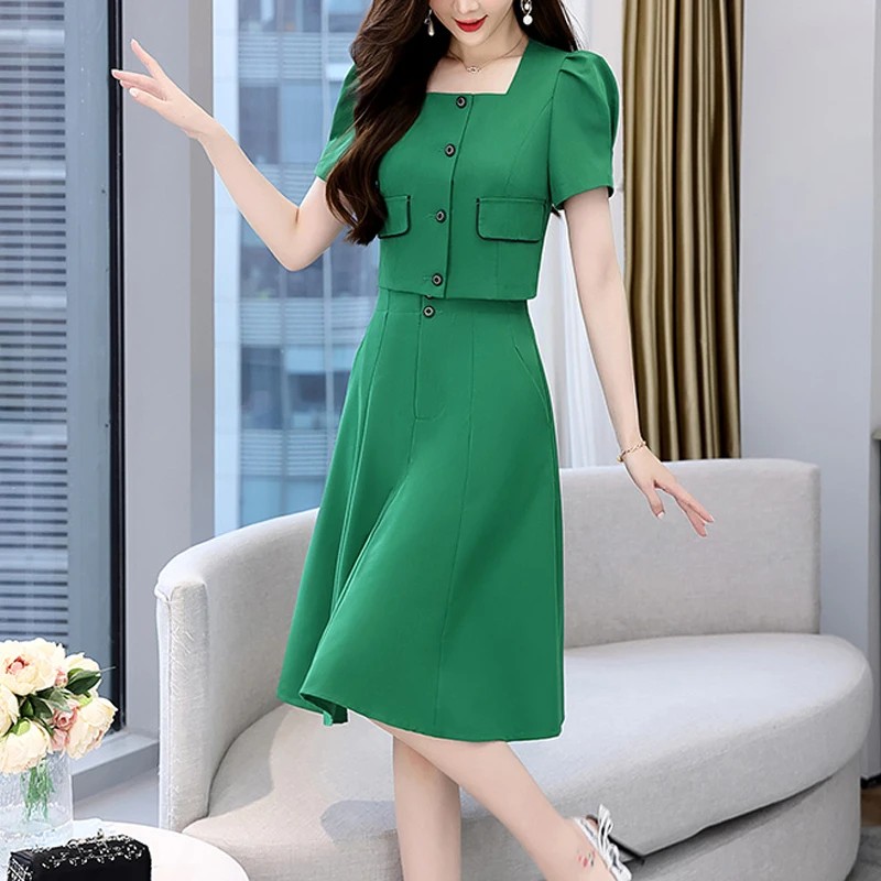 

Summer 2-Piece Blazer Sets Square Collar Short Sleeve Cropped Blazer + High Waist A-Line Skirt Office Lady Casual Matching Set