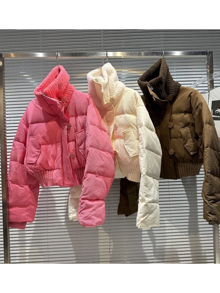 

Новинка 2022, Зимний дизайнерский пуховик, женский короткий пуховик с большими лацканами и вязаными вставками