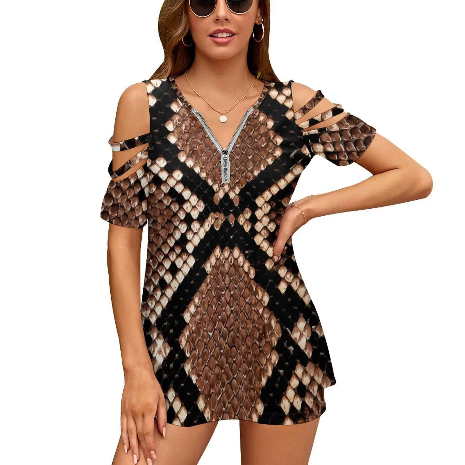 

Classic Snakeskin T-Shirts Retro Print Street Style V Neck T-Shirt Sexy Short Sleeve Oversized Tee Shirt Beach Custom Women Tops
