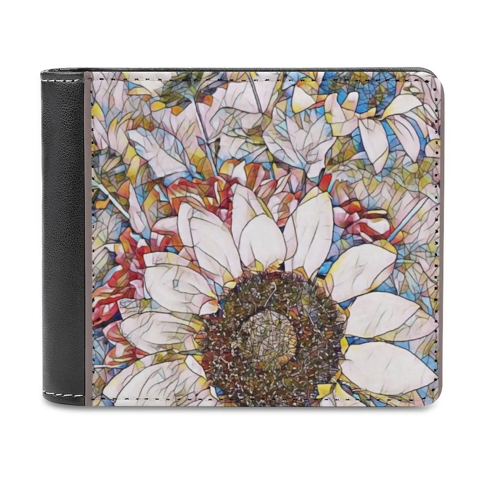 

Pretty Sunflower Men's Wallet Leather Purse Holder Credit Card Short Wallet Sunflower Flower Floral Colorful Stained Glass