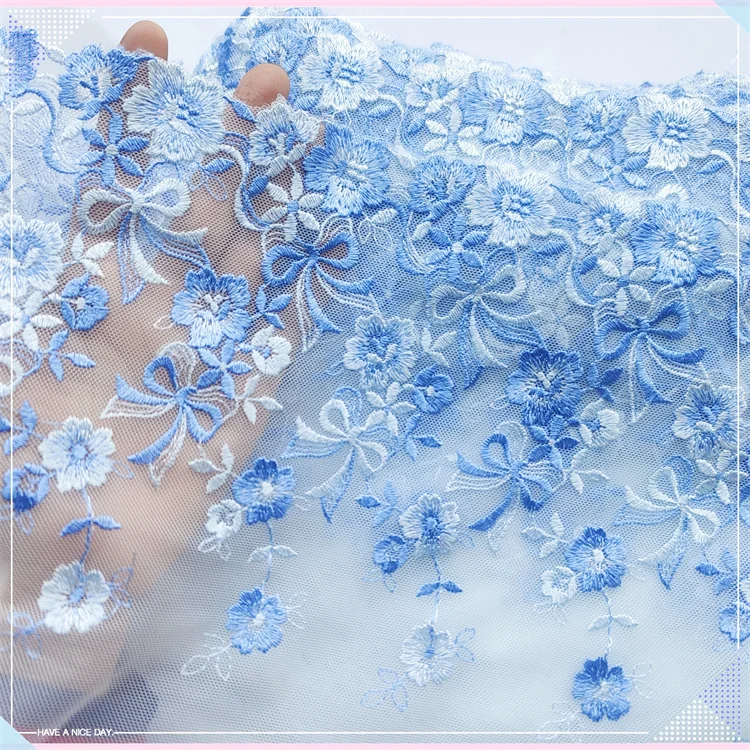 27CM Wide Blue Butterfly Bow Soft Mesh Tulle Embroidered Lace Fabric for Fringed Trim Party Even Dress Decor Sewing Accessories