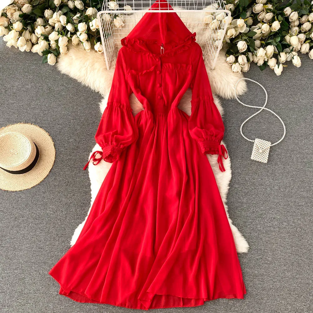 

Bohemian Seaside Holiday Beach Dress 2022 New Spring Long-sleeved Hooded Chiffon Dress Red Super Fairy Ultra Long Dress