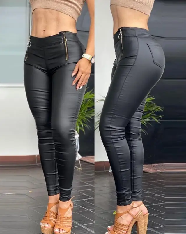 PU Leather Zipper Pocket Design Skinny Pants Sexy Pencil Pant Black Slim Pants Women Fashion Female Trousers