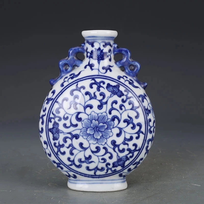 

Цианлонг Династия Цин, сине-белый цветок и птица, плоская ваза, антикварная коллекция, фарфор, античный
