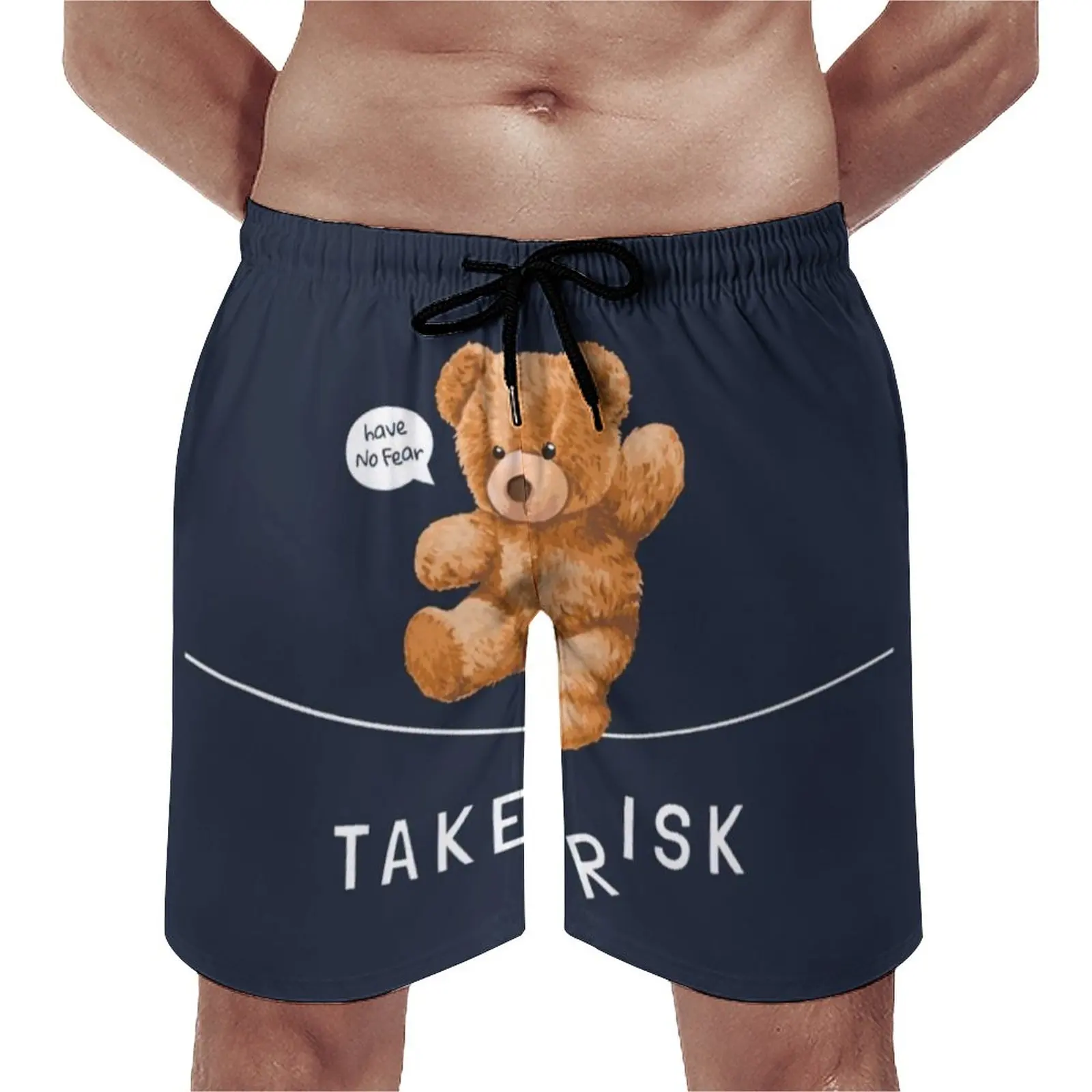 

Summer Gym Shorts Bear Toy Walking On String Sportswear Have No Fear Take Risk Board Short Pants Retro Fast Dry Swimming Trunks