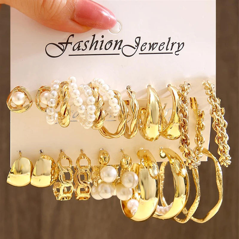 

2023 Gold Color Pearl Hoop Earrings Set for Women Vintage Circle Geometric Twist Metal Dangle Earring Girls Trendy Jewelry Gifts