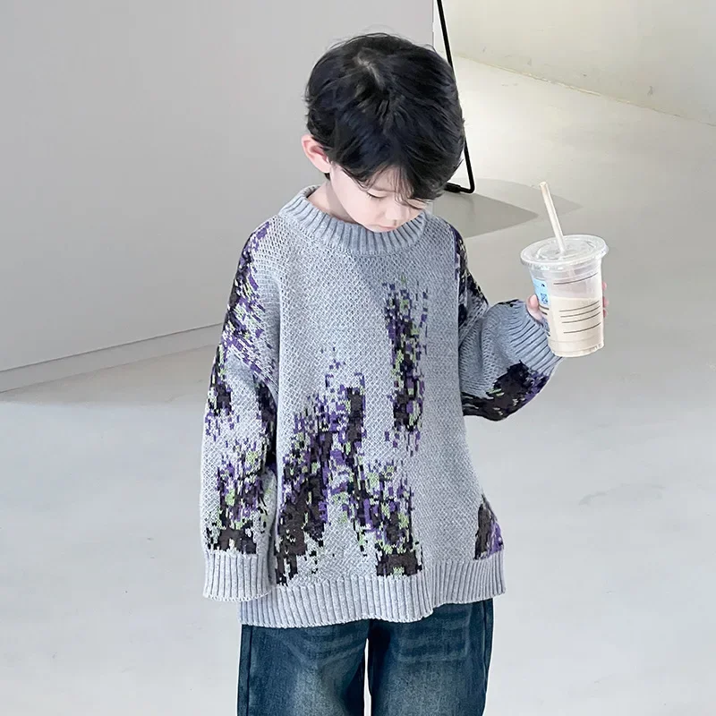 

Свитер для мальчиков, новинка, Осень-зима, вязаная одежда с воротником, детская утепленная одежда, 2023, с полосатым принтом, с длинным рукавом, крутая