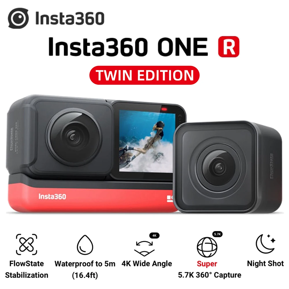 

Спортивная Экшн-камера Insta360 ONE R с дистанционным управлением, панорамная 5,7 K 360 ° + широкоугольная Водонепроницаемая видеокамера 4K, двойная э...