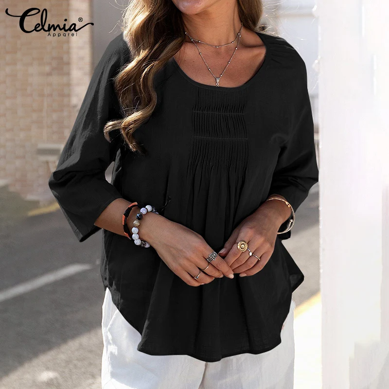 

2022 Summer Asymmetric Hem Tops Celmia Fashion Women Cotton Blouses Casual Loose O Neck Blusas Leisure 3/4 Sleeve Solid Shirts