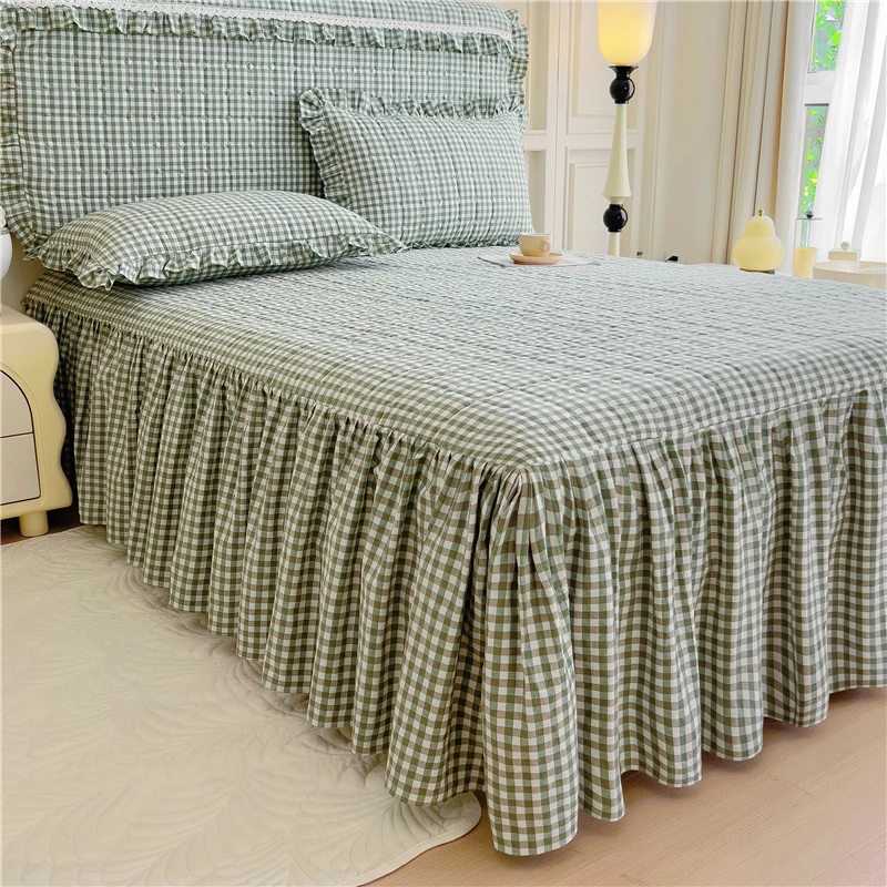 Bed Skirt One-Piece Cotton Pure Yarn-dyed Washed Apron Bedspread Sheet Four Seasons Universal with Skir...