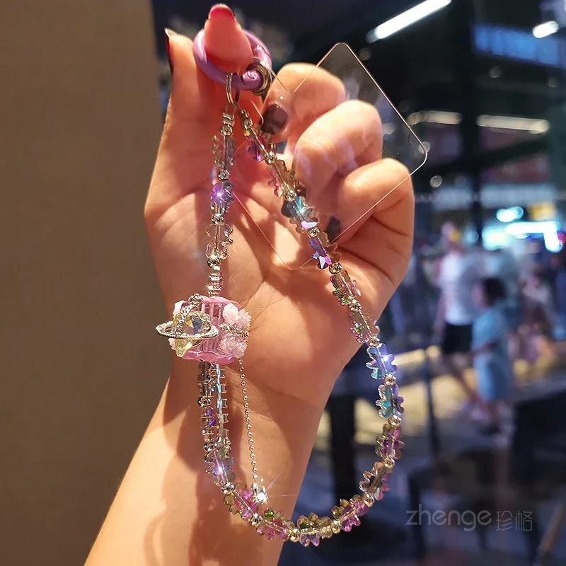 

Mobile Phone Lanyard Tassel Square Crystal Bear Bracelet Short Wrist Strap with Sparkling Diamond Transparent Women's Clip Strap