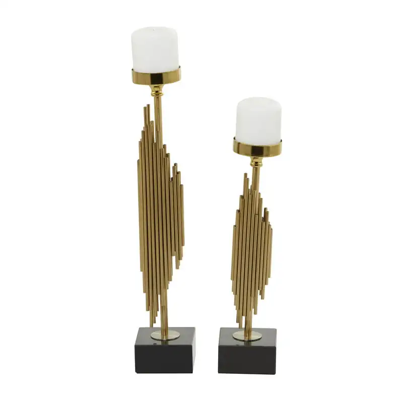 2 Candle Gold Stainless Steel Vertical Pipe Stand Candle Holder, Set of 2