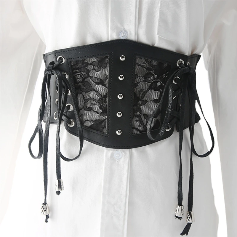 

Womens Lace Corset Belts Wide Elastic Waist Belt Black Color Block Belt