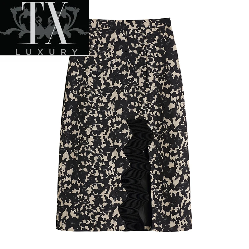 

Vintage Print Skirt Women High Waist A-Line Hem Split Temperament Sexy Midi Skirts Office Ladies Party Club Loose Buttoms