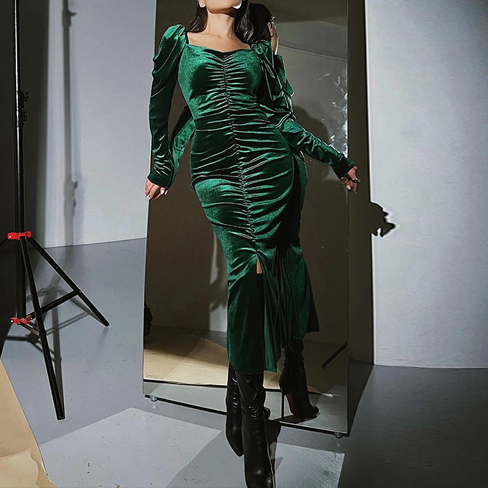 

2023 Autumn Winter Women Solid Long Sleeve Evening Dress Sexy Style Women Pleated Long Dress Slim Fit Party Elegant Club