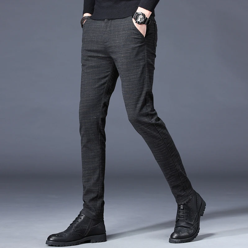 Autumn and Winter 2024 New Men's Casual Trousers Slim fit Skinny Suit trousers Fleece-lined Thickened Plaid Men'...