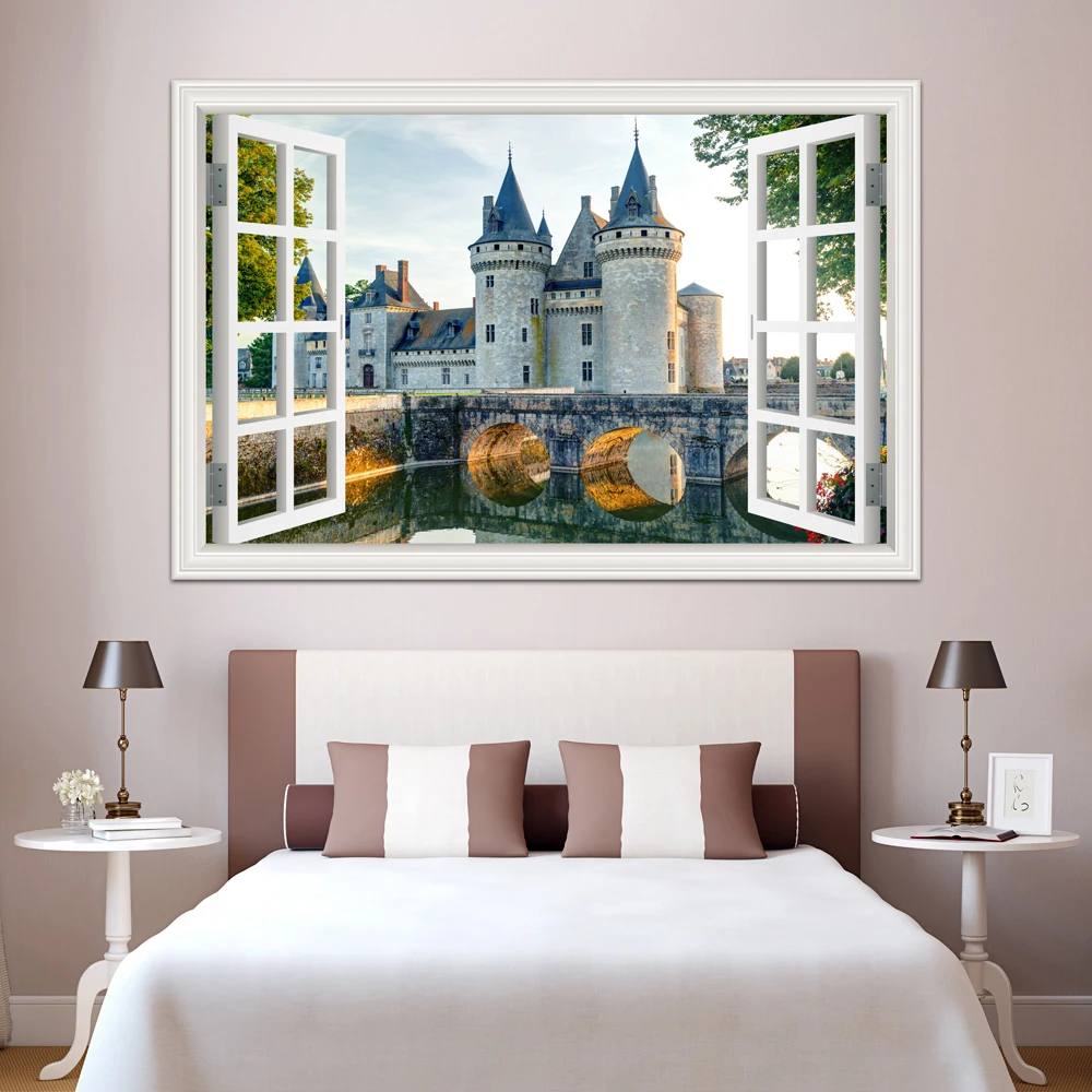 

3d Window Decal Wall Sticker Europe Castle Architecture Beautiful Landscape Wallpapers PVC Vinyl Stickers Mural Art Home Decor