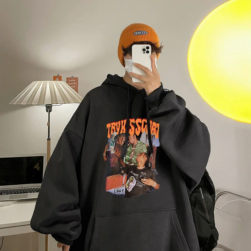 

Print Round Neck Sweatshirt Men and Women Plus Velvet Streetwear Stranger Things Hoodie Pullover Mens Hoodies