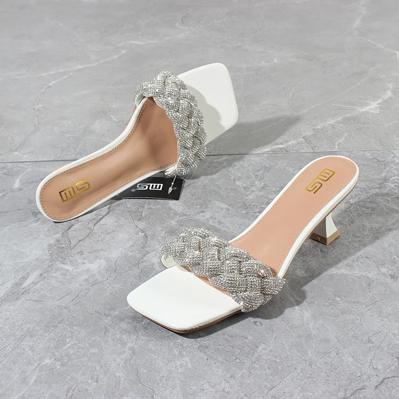 Modern Slippers 2022 Summer New Handwoven Crystal High Heel Sandals Outside White Fashion Sexy Party Women's Slippers