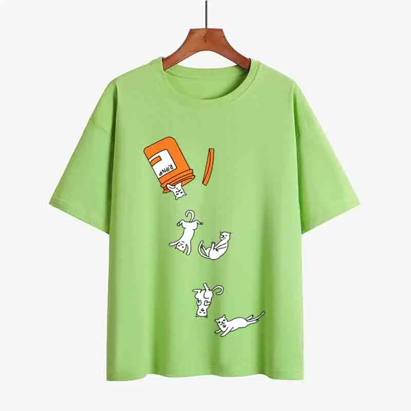 

Jar Cat Cartoon Print T-Shirt Street Casual Streetwear Harajuku Casual Cotton T-Shirt Female Fashion Tops