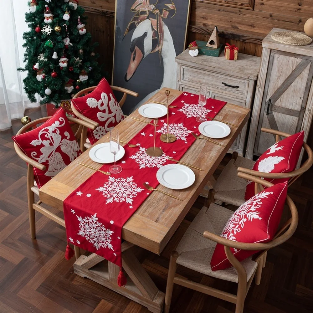 

Красная рождественская настольная дорожка, милое украшение, Роскошный домашний декор, колокольчики, дорожка вечерние Тия, снежинки, соврем...