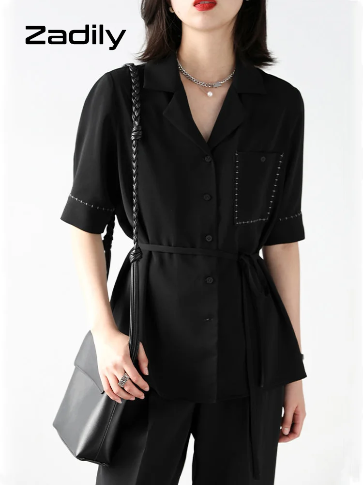 Женский минималистичный стильный черный шифоновый топ с коротким рукавом летняя