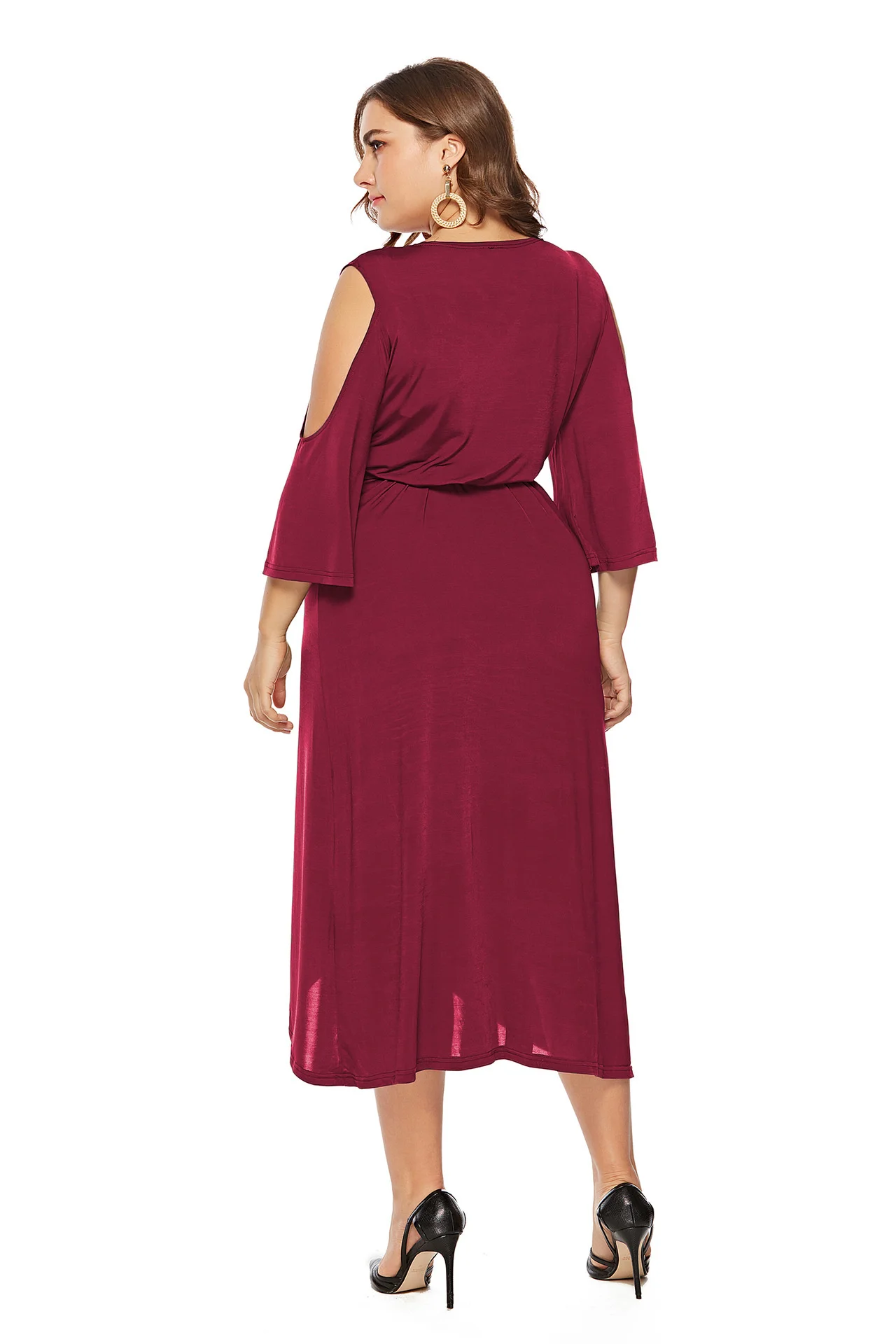 Cocktail Dresses Plus Size Short-Sleeved Slits V-Neck Solid Color Elegant Irregular Calf Length High Waist Green Casual Party