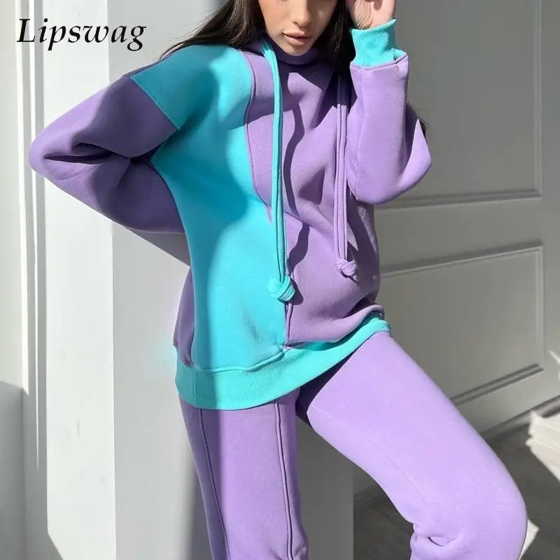 

Fashion Patchwork Long Sleeve Tracksuit Casual Loose Hooded Sweatshirt And Pocket Pants Outfit Women Autumn Winter Two Piece Set